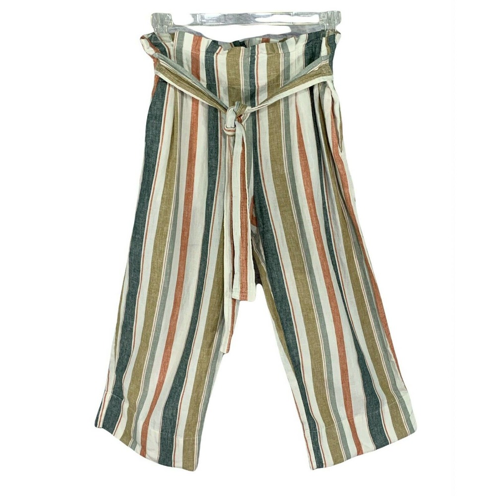 Madewell M Smocked Huston Pull On Crop Linen Wide Leg Striped Pants